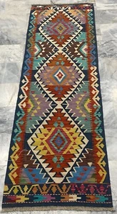 Alfombra de salón Kilim de lana multicolor azteca geométrica hecha a mano afgana 80x254 cm - Imagen 1 de 3