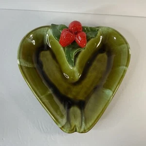 Heart Shaped Pottery Bowl Dish Tray Vintage Green Red Strawberry California 891 - Picture 1 of 9