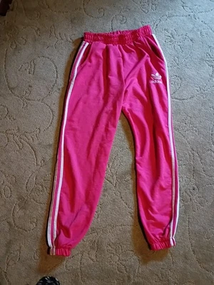 Adidas Joggers femininas pequenas rosa listras brancas - Imagem 1 de 4