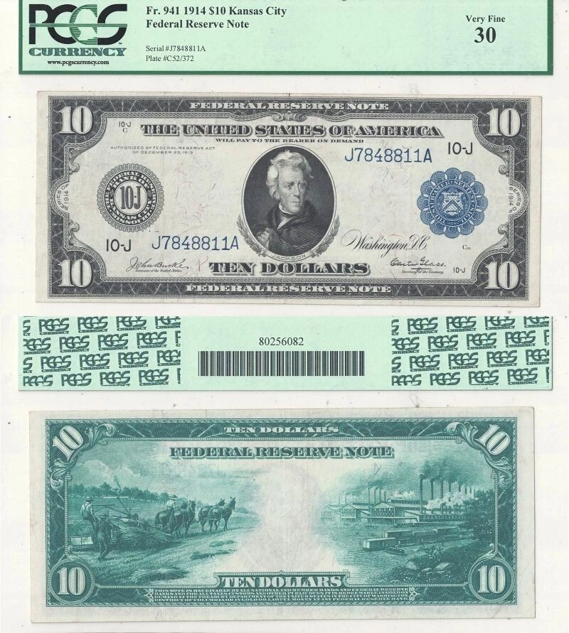 1914 $10 Federal Reserve Note Fr-941 PCGS VF-30 - Image 1 of 1
