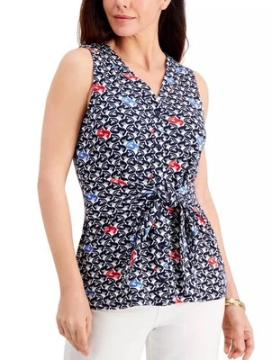 Blusa Charter Club XXL Multicolor Algodón Elastizada Sin Mangas Botón Frontal Corbata Foto 1 de 4