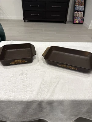 Vintage Anchor Hocking Fire King Baking Dish- Teflon Wheat Pattern Brown Pair - Image 1 of 4
