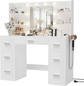 Vanity Desk with Mirror LED Lights and Power Outlet Makeup Vanity Table - Picture 1 of 35