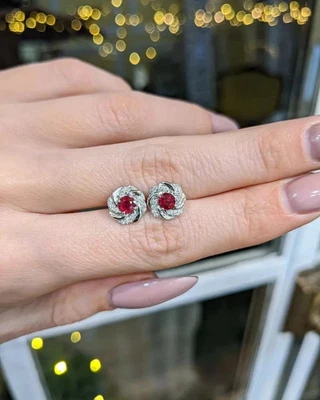 0.92 Ct Round Natural Red Ruby Diamond Wedding Earring Stud 14K White Gold - Image 1 of 4