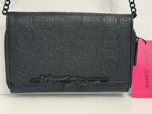 Betsey Johnson Black Embossed Skulls Crossbody Bag XOLANDON Web Strap NWT - Picture 1 of 13