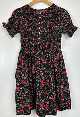 Cat & Jack Girls XL 14 Dress Black Red Floral Button Front Short Sleeve Smocked - Image 1 of 4