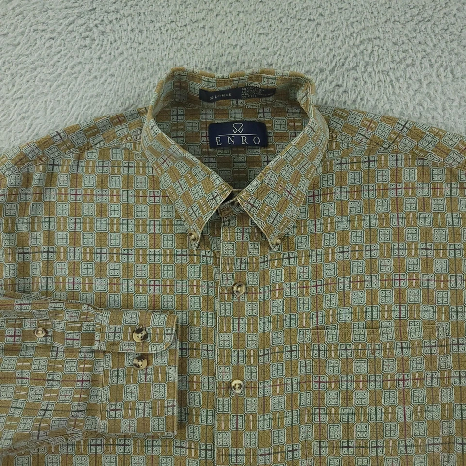 Camisa De Colección Enro Para Hombres XL Marrón Geométrica Manga Larga Vestido Botón Delantero Años 90 Foto 1 de 4
