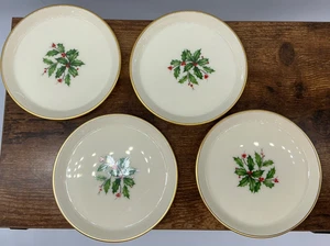 VTG Lenox Holiday 4” coasters Holly Berries 24 Kt gold rim set of 4 original box - Picture 1 of 13