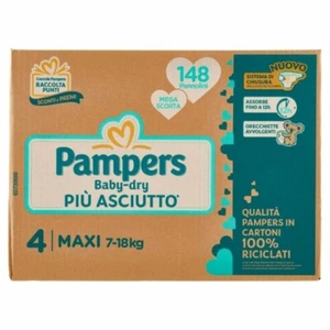 PAMPERS BABY DRY TAGLIA 4, MEGA SCORTA, 148 PANNOLINI - Foto 1 di 1