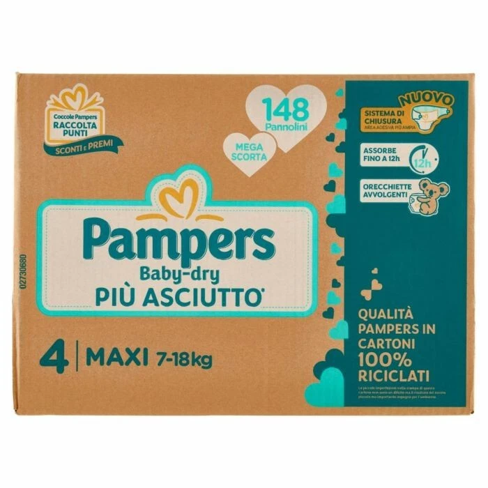 PAMPERS BABY DRY TAGLIA 4, MEGA SCORTA, 148 PANNOLINI - Immagine 1 di 1