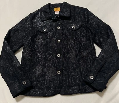 NWOT Ruby Rd Women's Size 8 Jacket Black  Silver Brocade Short Button Closure - Image 1 of 4