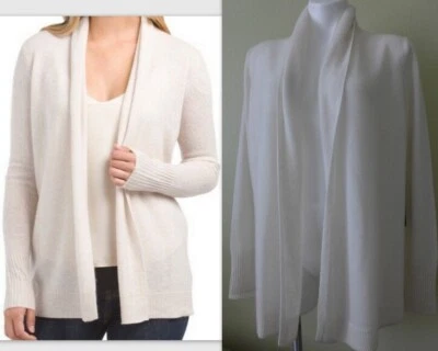 NUEVO CON ETIQUETAS TAHARI Cárdigan Abierto Drapeado Frontal 100% Cachemira 2 Capas Negro/Gris/Marfil S/M/L Foto 1 de 4