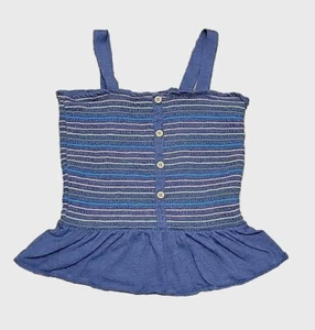 Old Navy Tank Top Blue Smocked Peplun Bodice Ruffle Hem Girl L 10 12 Sleeveless - Picture 1 of 12