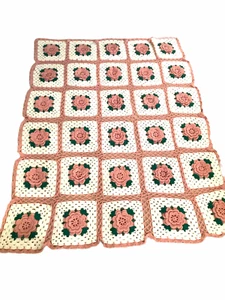 Vintage Crocheted Afghan Throw Blanket 3D Pink Rose Squares Large 60 in x 70 in - Picture 1 of 5