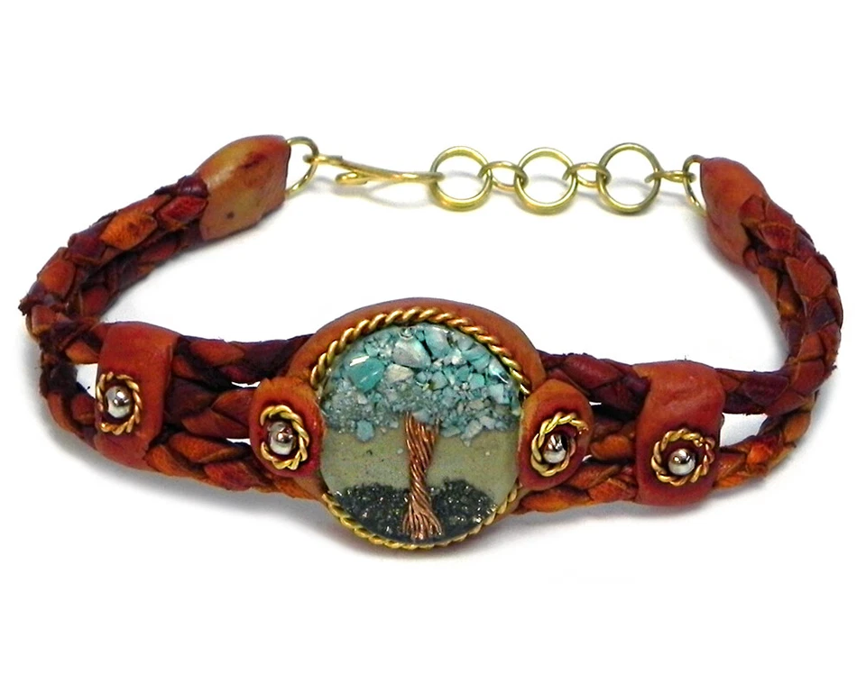 Brazalete de cuero trenzado de cobre piedra astillada árbol de la vida joyería boho hecha a mano Foto 1 de 1