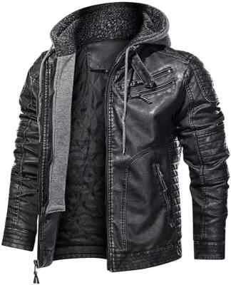 Herren Distressed Schwarz Kapuze Motorradfahrer Echtleder Jacke Abnehmbare - Bild 1 von 4
