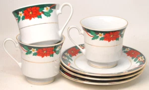 Set 4 Tienshan China Deck The Halls Christmas CUPS & SAUCERS Holly Poinsetta - Picture 1 of 5