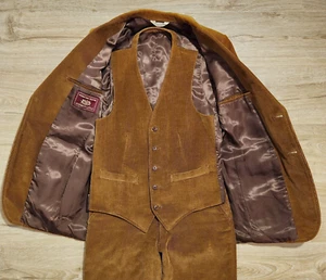 Vtg 3 Pc Suit Brown Corduroy 36 R Jacket Mens Size 30x29.5 Pants 70s 80s Disco - Picture 1 of 24