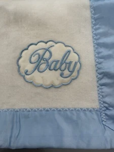 VTG Baby Crib Blanket White w/Blue Satin Trim “Baby” Embroidered Bottom Corner - Picture 1 of 3