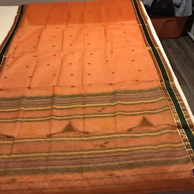 Vintage D. Saree Fabric Orange Sheer With Decorative Vibrant Edges 47” X 212” - Image 1 of 4