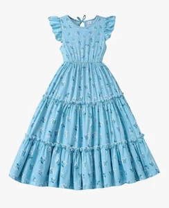 Girls Dress Size 7-8 Year Flower Summer Clothes Flutter Sleeve Elastic Waist - Picture 1 of 5