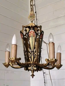 ANTIQUE ART DECO STAR BURST CHANDELIER CAST IRON CEILING LIGHT FIXTURE 1920's - Picture 1 of 14