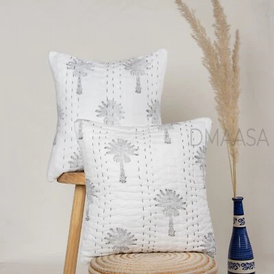 Grey Kantha Handmade Pillow Case Indian Cotton Soft Light Weight Cushion Cover - Image 1 of 4
