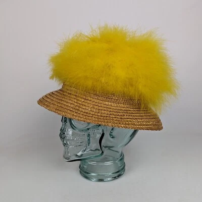 Винтажная 50-60-х годов Happy Cappers желтый перо соломы моды вечеринки коктейль шляпа маленький 6 7/8 - Изображение 1 из 4