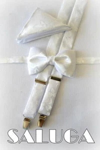 Luxury men's wedding white bow tie suspenders and handkerchief patterned bowtie - Picture 1 of 1