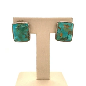 Designer Sterling Silver Rectangle Agate Turquoise Pierced Back Earrings! 83 - Picture 1 of 5