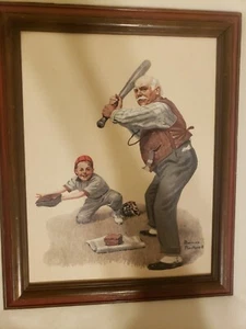 Norman Rockwell Framed Canvas Print Grandson & Grandpa Play Baseball 13.5"x16.5" - Picture 1 of 10