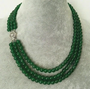 3Rows 6mm Natural Green Jade Round Gemstone Beads Necklace 17-19'' - Picture 1 of 12