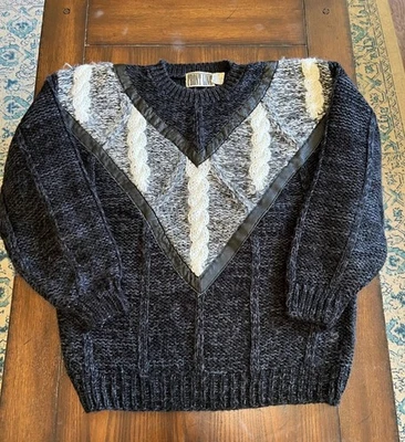 Suéter Vintage Front Line Grueso Tejido con Cable Cuello Redondo Borde de Cuero Años 80 Mediano Foto 1 de 4