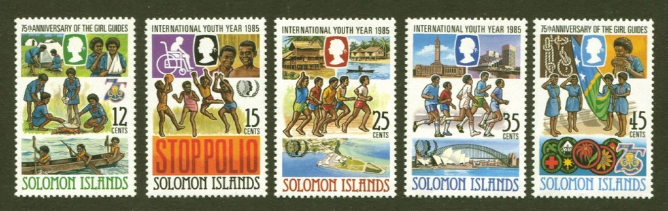 所罗门群岛斯科特 # 551-5,女童导游 75 周年。 套装,VF/XF MNH,SCV:7.05 美元 — 第 1/1 张图片