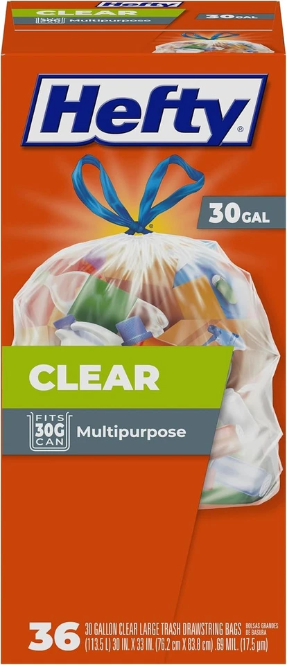 Hefty E85743 Recycling Trash Bags Clear Drawstring 30 Gallon 36 Count