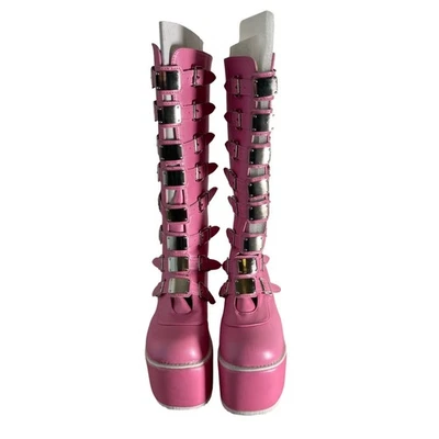 Cosplay Goth Platform Pink Combat Boots Buckle KneeHigh Punk Rave W Size 9.5NEW - Image 1 of 4