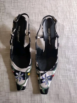 Винтажные туфли на каблуке Dolce & Gabbana D&G черно-белые с блестками цветочный узор 41 размер США 11 - Изображение 1 из 4