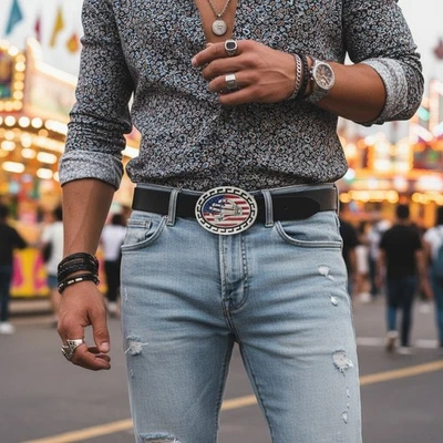 Uomo Metallo Argento Cintura Fibbia Teschio Scheletro Mano Stati Uniti Bandiera - Immagine 1 di 4