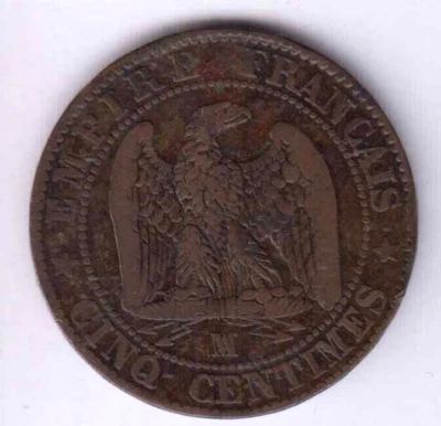 FRANCE 5 Centimes Napoléon III 1855B Rouen, Anchor mint mark  (fra1526) - Image 1 of 2