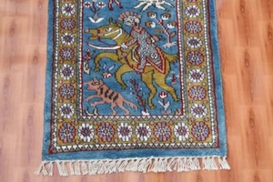 Hunting Design Oriental Rug Sky Blue Home Decor Rug 1.6x4 ft Bedroom Runner - Picture 1 of 5