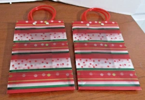 Lot of 2 Stiff Plastic Red & Green Striped GIFT BAGS~ Lot 12 - Picture 1 of 2