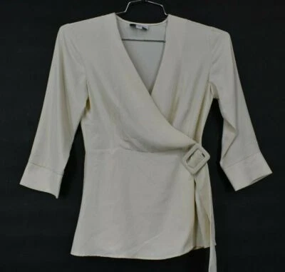 Topshop Womens Cream Color Wrap Belt Blouse 3/4 Sleeve V Neck Business New 2 - Image 1 of 4
