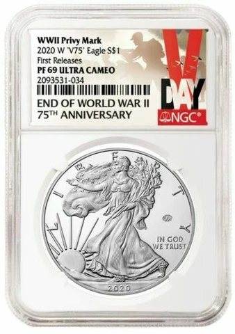 2020 W End of World War II 75th Anniversary Privy V75 Silver Eagle 20XF NGC PF69 Cover