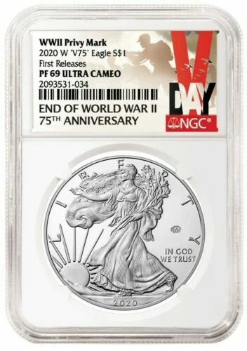 2020 W End of World War II 75th Anniversary Privy V75 Silver Eagle 20XF NGC PF69 - Image 1 of 4