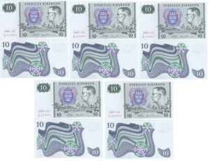 Sweden - 5 pcs х 10 Kronor 1990 aUNC / XF P. 52e - different series Lemberg-Zp - Picture 1 of 2