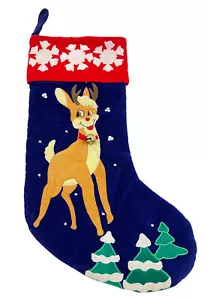 Vintage Stocking 1999 Rudolph the Red Nosed Reindeer Appliqued Blue Velvet 20” - Picture 1 of 7