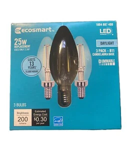 EcoSmart 25W Rplcmnt B11 Daylight Candelabra 3 Pk Base Light Bulb Dimmable - Picture 1 of 2