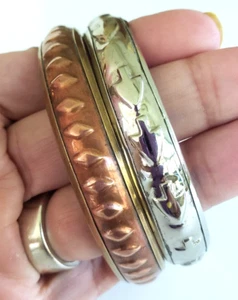 2 Vintage Southwestern Copper Brass Silver Tone Bangle Bracelet 8.25" Set - Picture 1 of 9