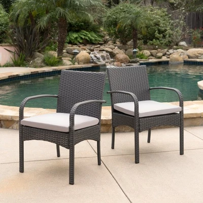 Grey PE Wicker Dining Chairs Set of 2, Waterproof Cushion Outdoor Patio Chair - Image 1 of 4