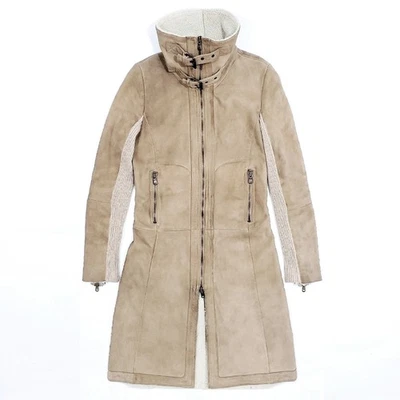 BRUNELLO CUCINELLI Abrigo Ajustado de Piel de Oveja Chaqueta Larga Cuero Gamuza Beige XS Foto 1 de 4